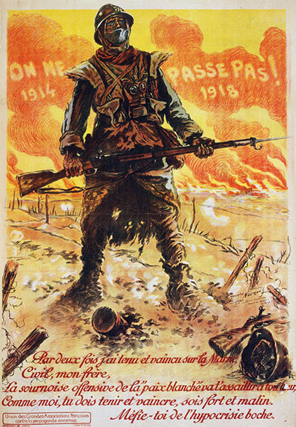 Pòster propagandístic de 1918 de Maurice Neumont amb el cèlebre crit de defensa contra l'enemic \
