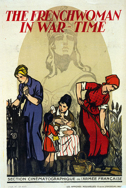 Pòster francès amb tres escenes que representen algunes de les feines que van haver de fer les dones durant la guerra